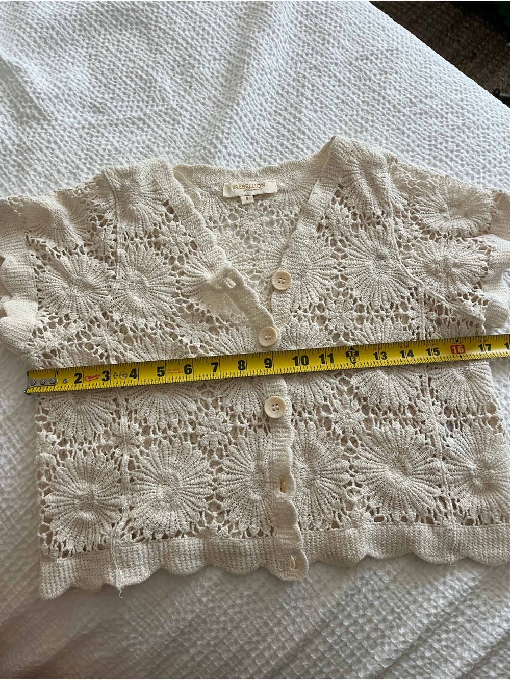 Rebellion Cream Crochet Button Front Crop Top 100% Cotton | Small - Cottagecore - Picture 9 of 12